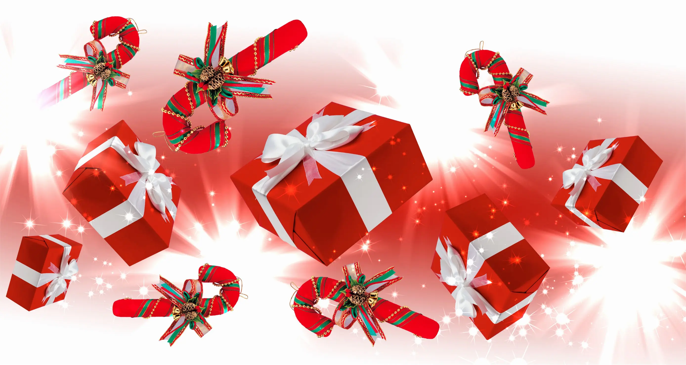 Rote Geschenke und Zuckerstangen Weihnachten Schleife Advent viele Rote Geschenke und Zuckerstangen