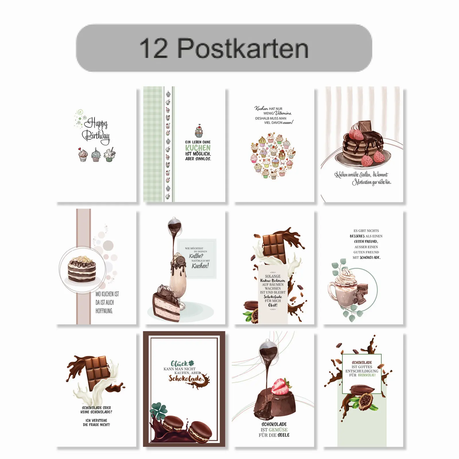 Postkartensets mit lustigen Kuchen, Schokoladensprüchen und Happy Birthday