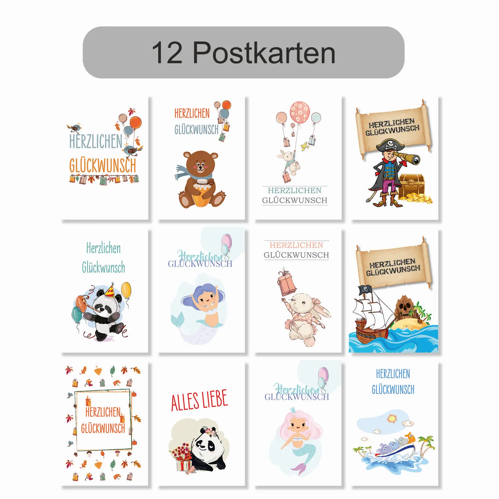 12er Set Kinderpostkarte zum Geburtstag gratulieren gemischtes Set. 12er Set Kinderpostkarte zum Geburtstag gratulieren