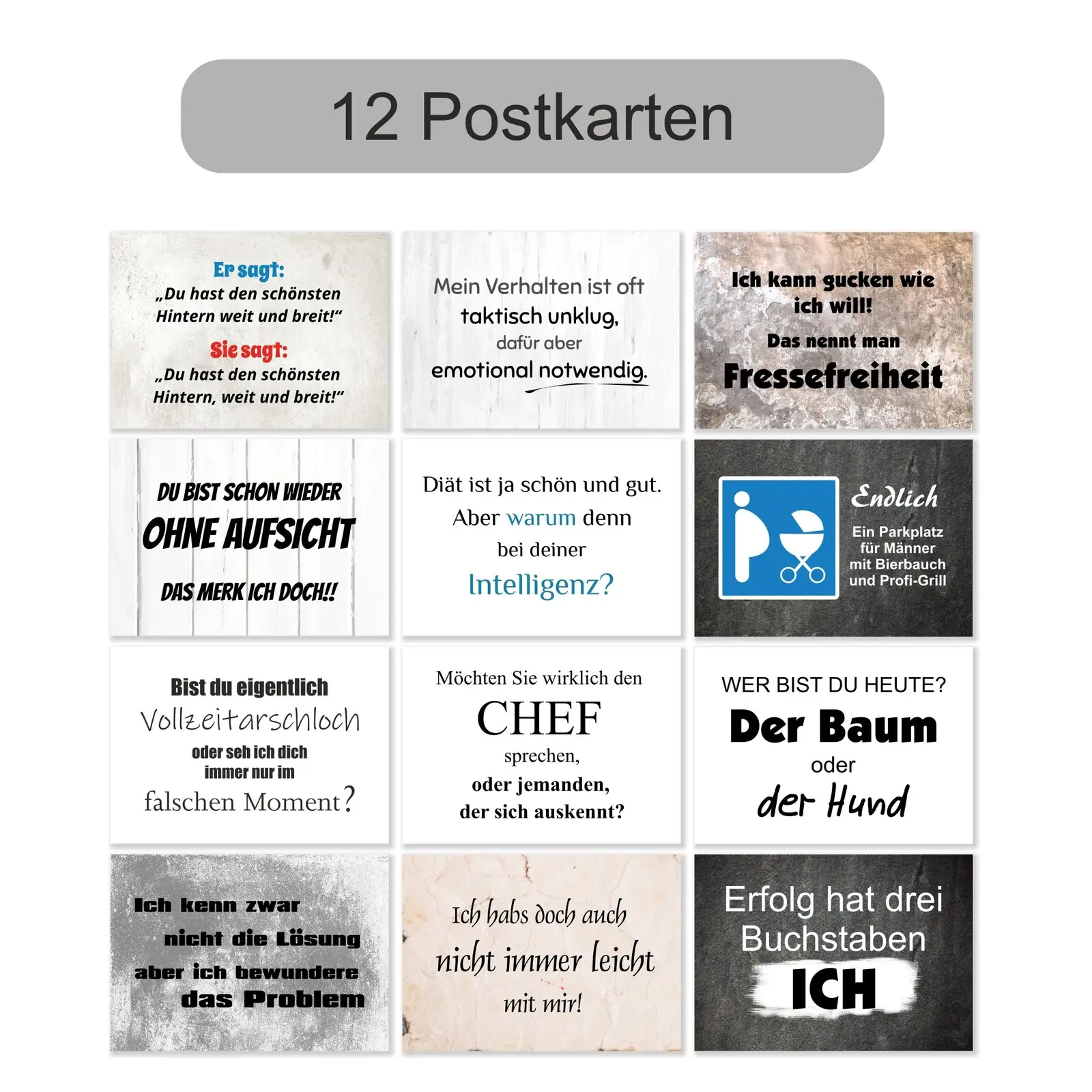 Sprüche auf Postkarten 12 Stück mit Aufsicht Chef usw Sprüche auf Postkarten 12 Stück mit Aufsicht Chef usw