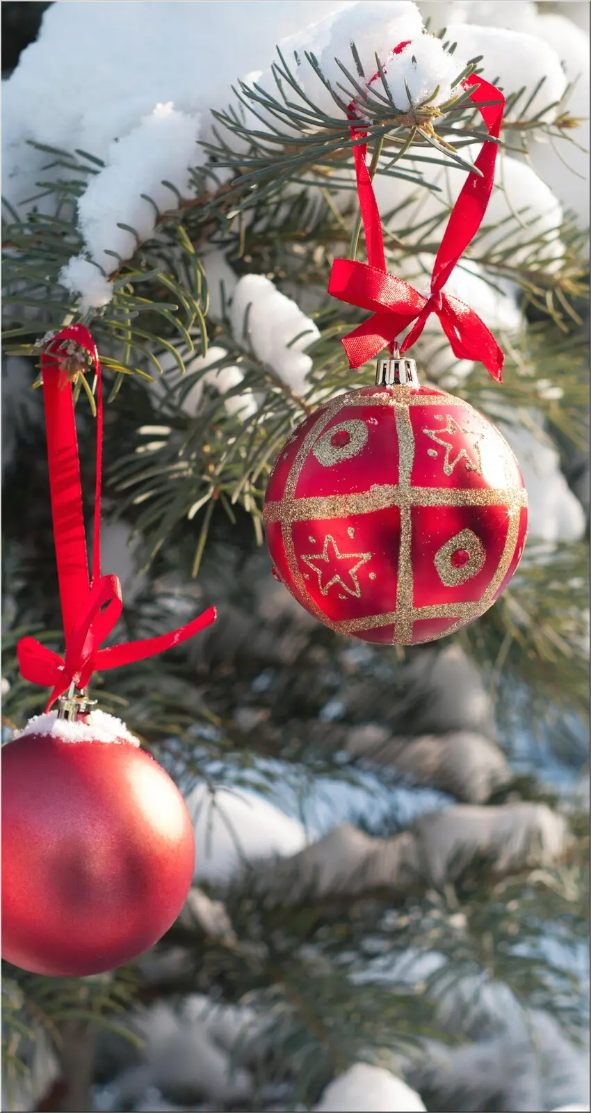 XXL Weihnachtskarte rote Kugeln am Tannenzweig Schnee XXL Weihnachtskarte rote Kugeln am Tannenzweig