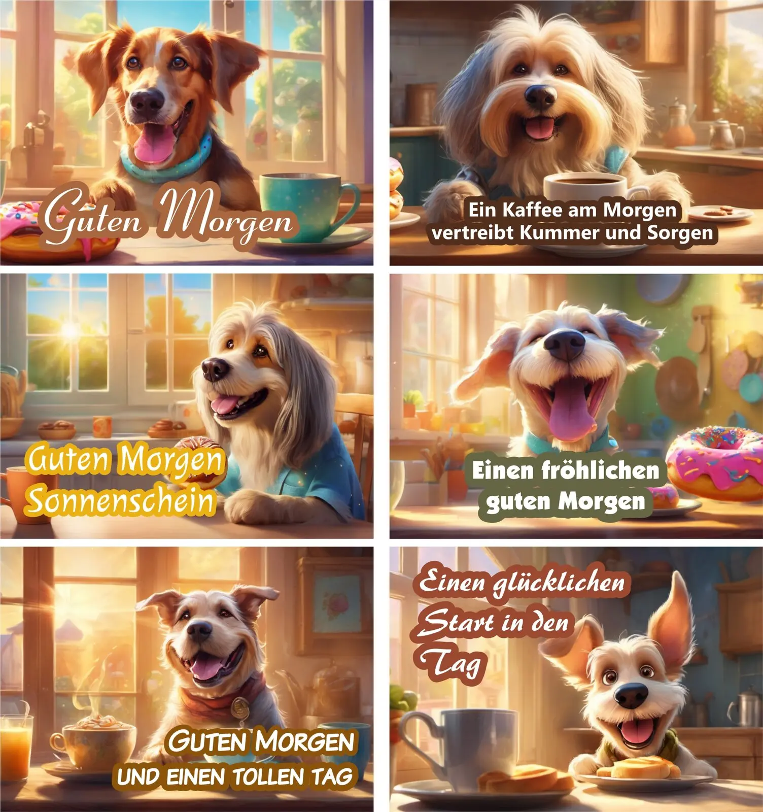 6 Postkarten mit lustigen Guten Morgen Hunden als Set