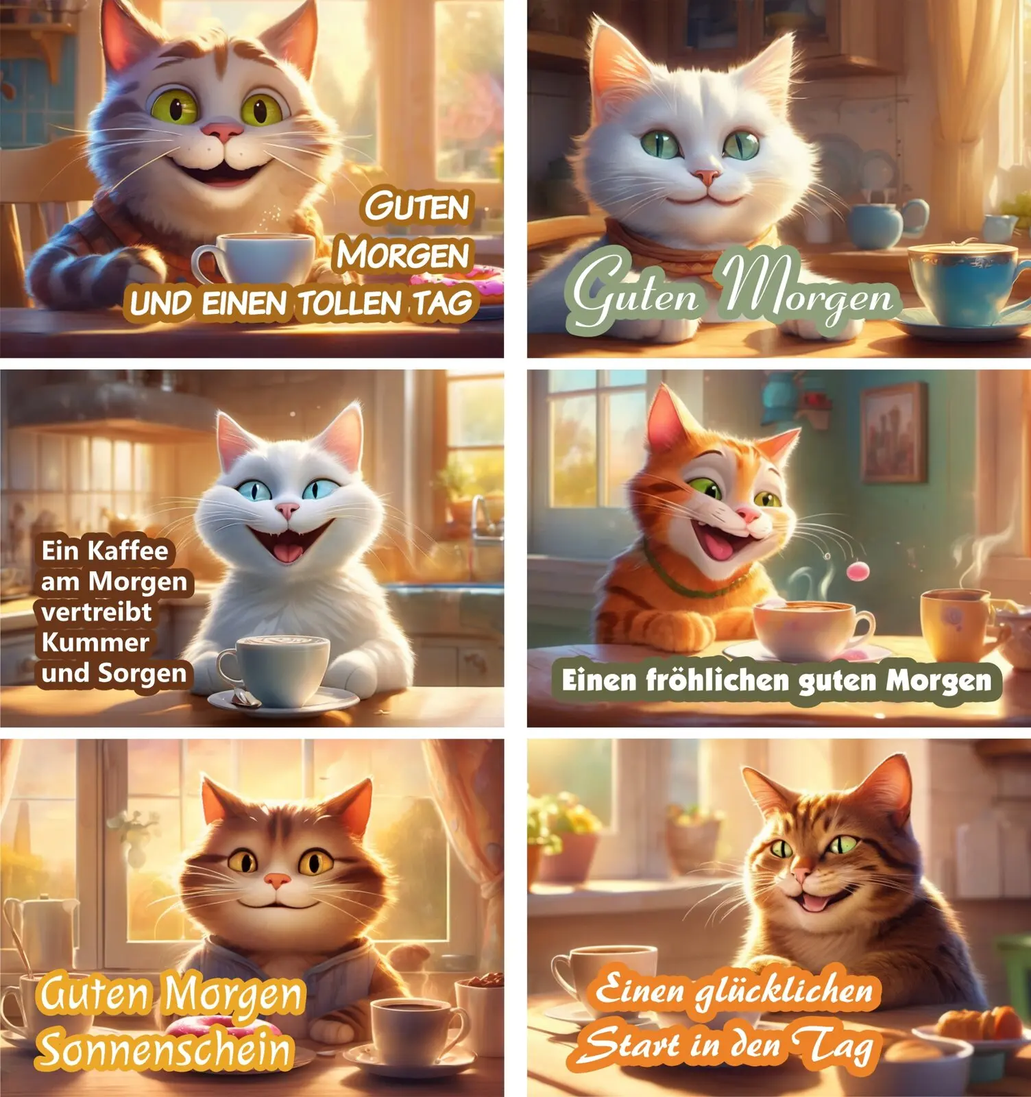6 Postkarten mit lustigen Guten Morgen Katzen Sprüche