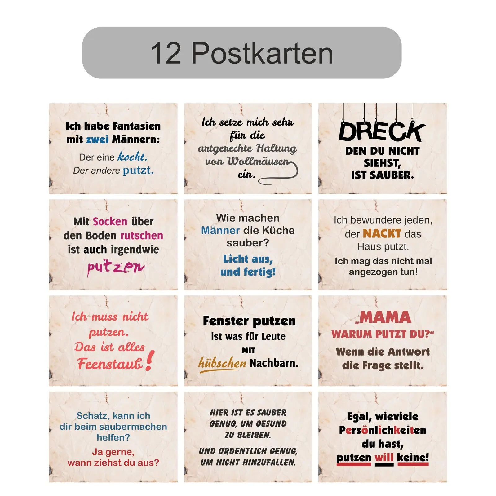 Lustige Postkarten 12 verschiedene Putzsprüche Lustige Postkarten 12 verschiedene Putzsprüche