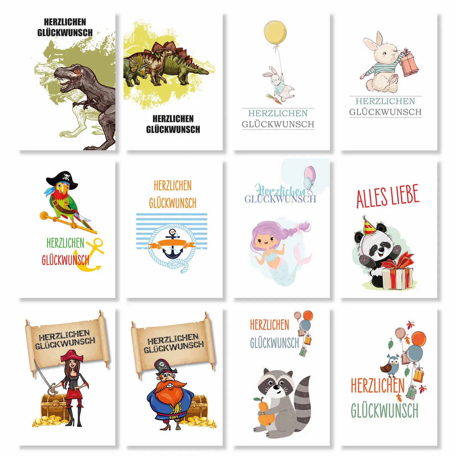 Set 12 Postkarten als Glückwunschkarten für Kinder